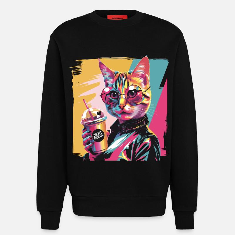 Popart Katze mit Lederjacke und Kaffee - Sweatshirt - made by SPREAD  - SOLID BLACK