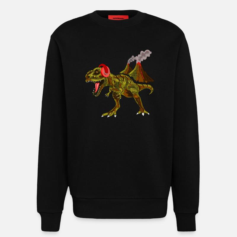 Dinosaurier mit Kopfhörern vor Vulkan - Sweatshirt - made by SPREAD  - SOLID BLACK