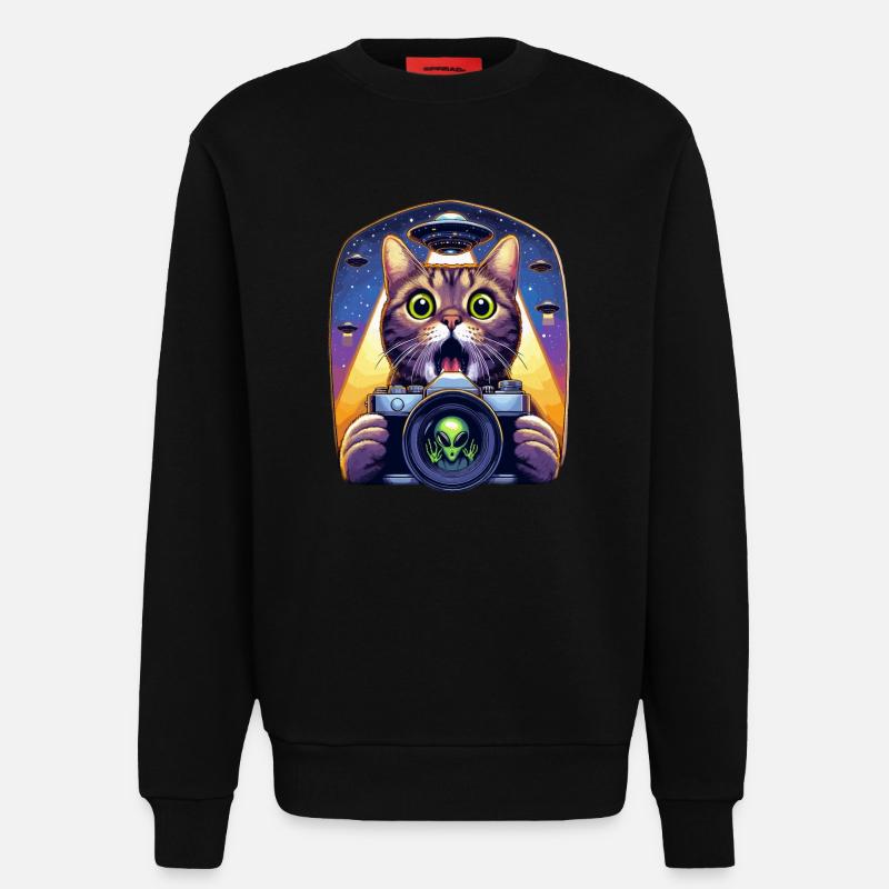 Lustige verängstigte Katze mit UFO-Alien-Angriff 3D-Effekt - Sweatshirt - made by SPREAD  - SOLID BLACK