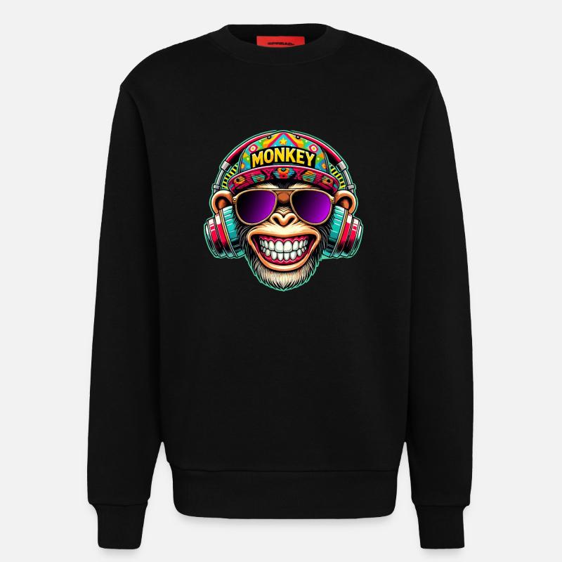Cooler DJ Monkey Kopfhörer Bunter Retro-Stil - Sweatshirt - made by SPREAD  - SOLID BLACK