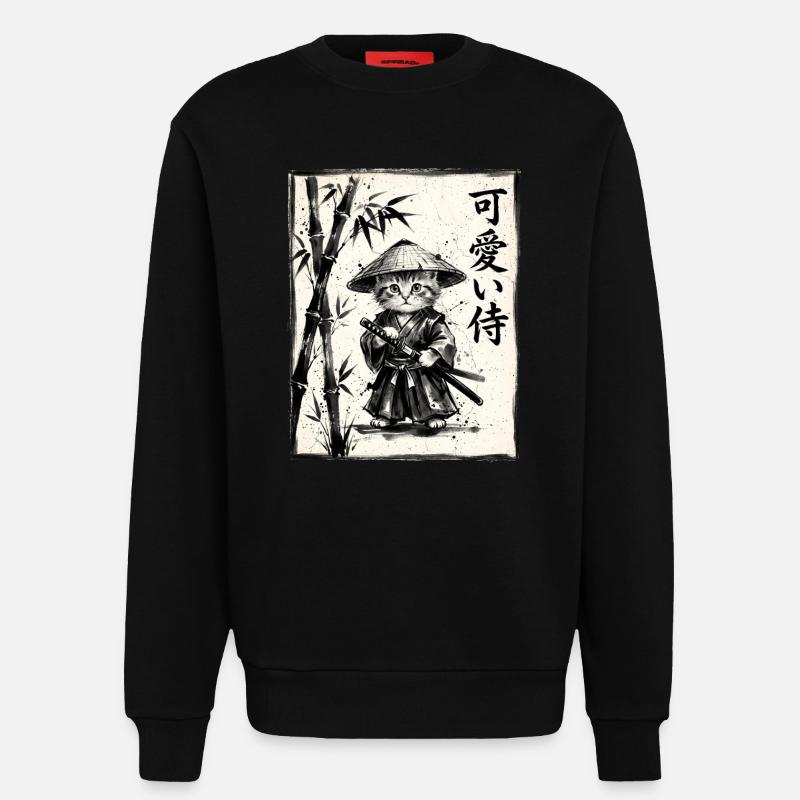 Samurai Cat Sumi-e Ink Drawing - Sweatshirt - made by SPREAD  - SOLID BLACK