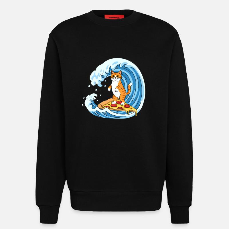 Surfer cat on pizza wave - Sweatshirt - made by SPREAD  - SOLID BLACK