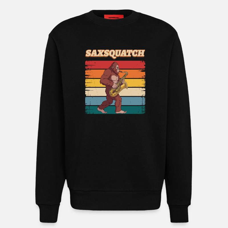 Sax Squatch on Retro Stripes - Sweatshirt - made by SPREAD  - SOLID BLACK