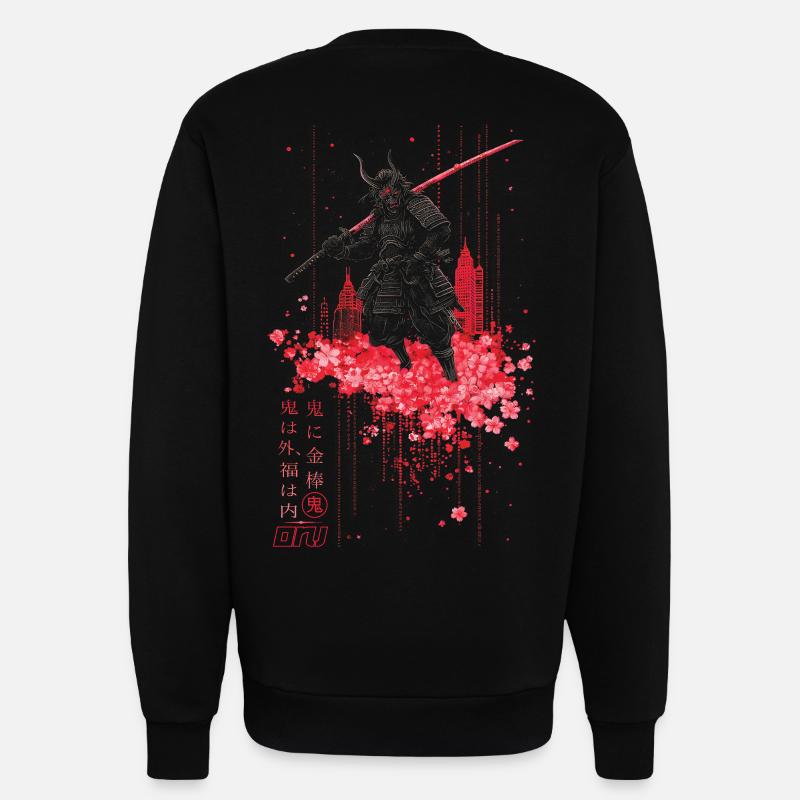 Oni - samurai mit Sakura Kirschblüten - Sweatshirt - made by SPREAD - SOLID BLACK