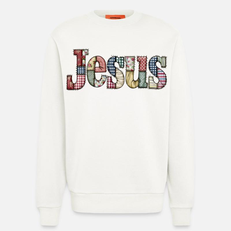Lettrage Jésus en patchwork - Sweat bio décontracté fabriqué en UE - OFF WHITE