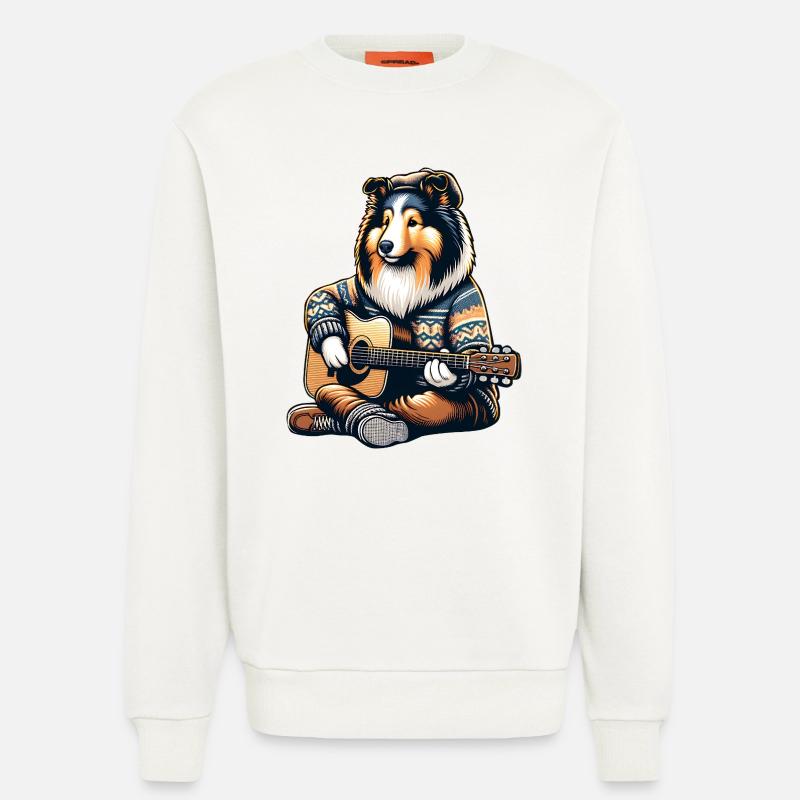 Collie Mit Akustikgitarre Im Strickpullover - Sweatshirt - made by SPREAD  - OFF WHITE
