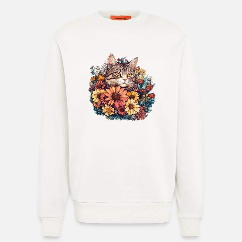 Chat dans une couronne de fleurs - Sweat bio décontracté fabriqué en UE - OFF WHITE