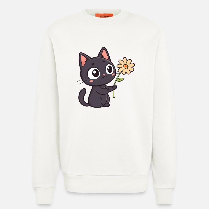 Kawaii Schwarze Katze und Gänseblümchen - Sweatshirt - made by SPREAD  - OFF WHITE