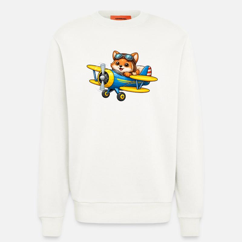 Fuchs Pilot Doppeldecker Flugzeug Cartoon   - Sweatshirt - made by SPREAD  - OFF WHITE