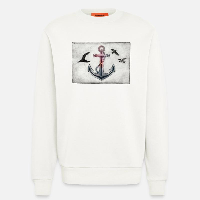 Anker mit Möwen - handgeschnitzte Druckvorlage - Sweatshirt - made by SPREAD  - OFF WHITE