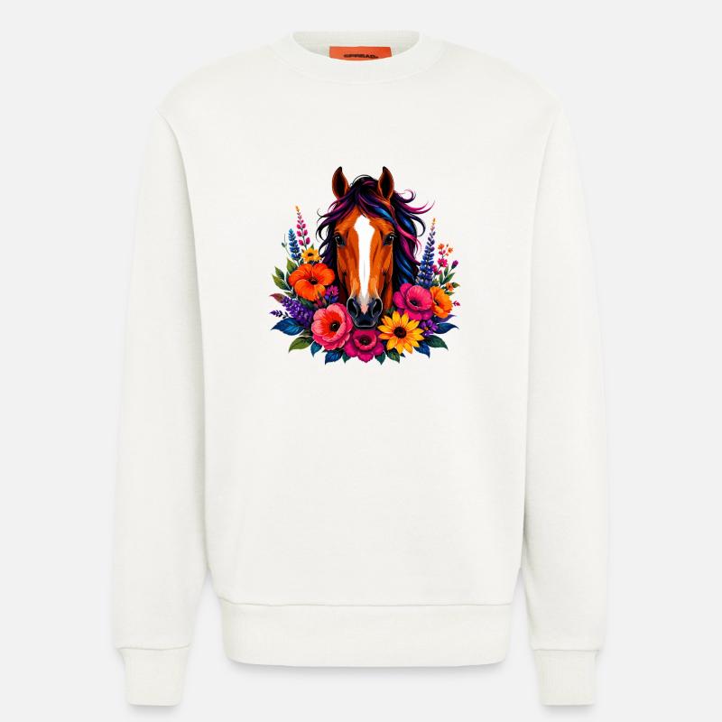 Cheval avec une couronne de fleurs - Sweat bio décontracté fabriqué en UE - OFF WHITE