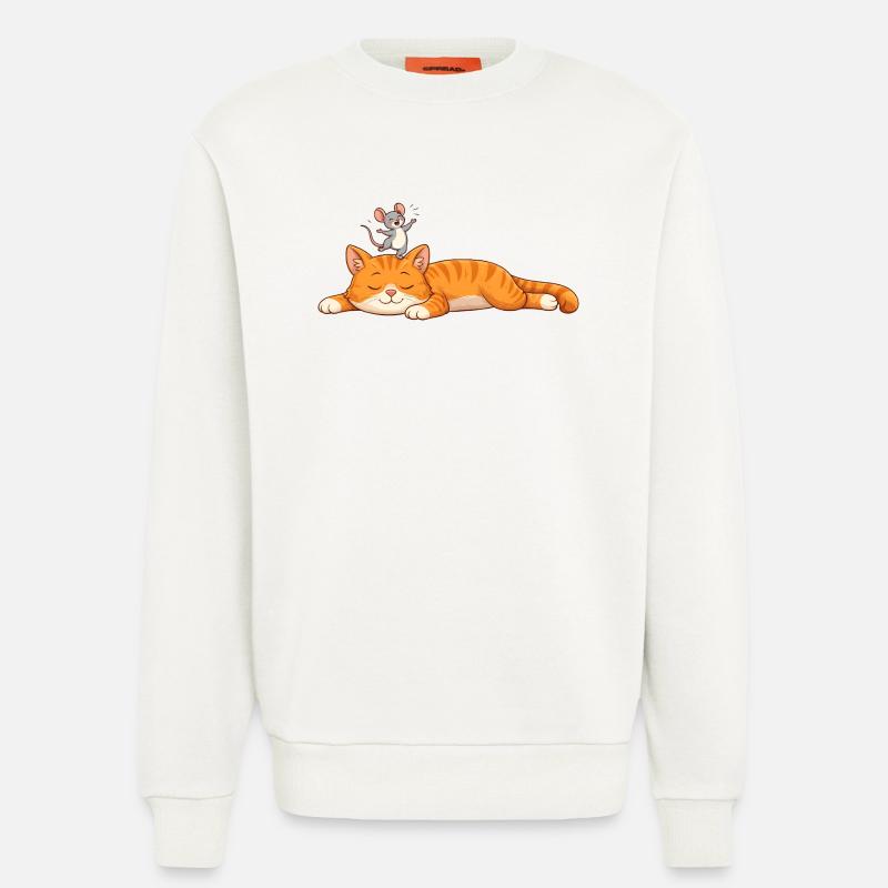 Chat endormi avec souris joyeuse - Sweat bio décontracté fabriqué en UE - OFF WHITE
