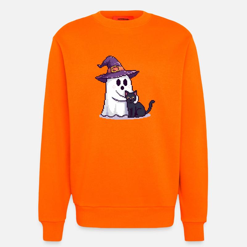 Pixel Geist mit Hexenhut & Katze – Halloween - Sweatshirt - made by SPREAD  - SUNSET ORANGE