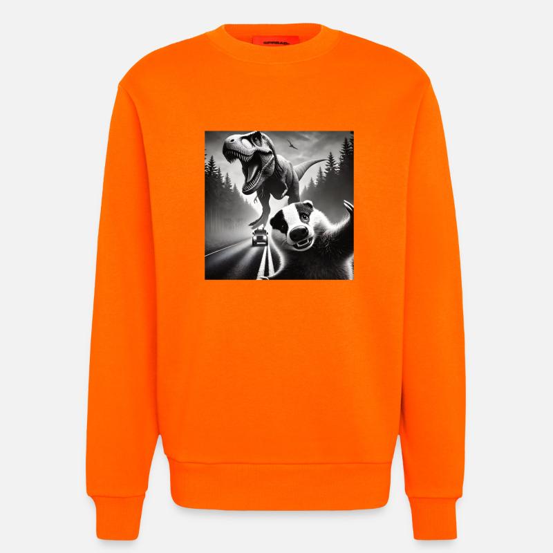 Dachs  trifft Dino auf düsterer Landstraße - Sweatshirt - made by SPREAD  - SUNSET ORANGE