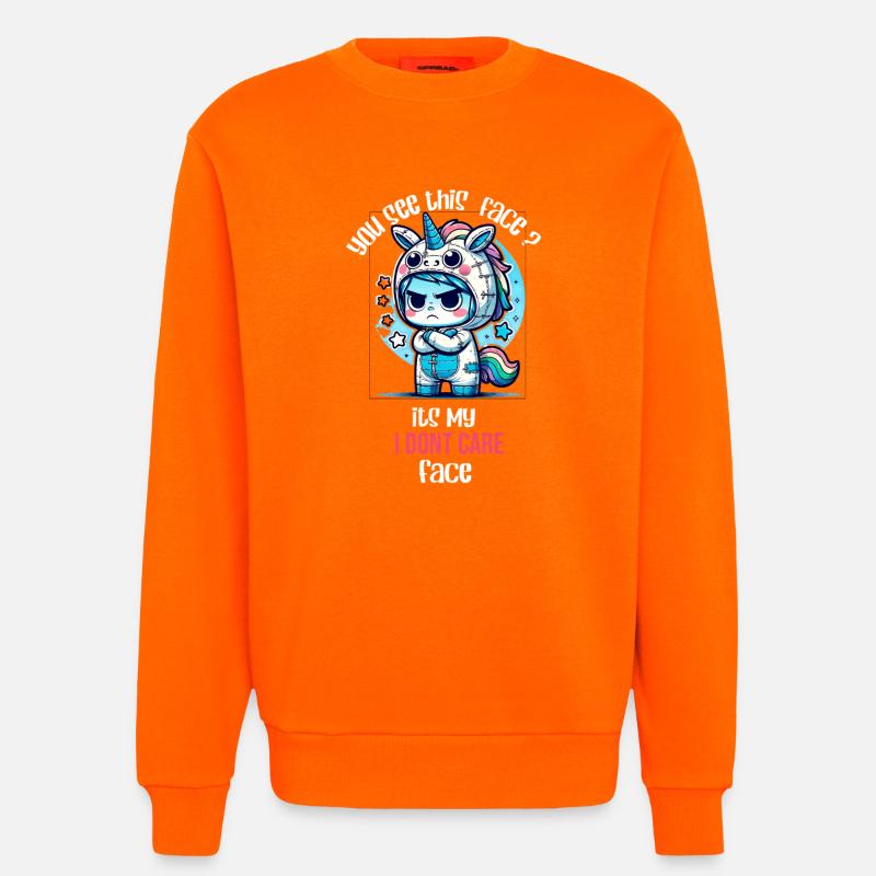 Grummeliges Einhorn – Mir ist das egal, Gesicht - Sweatshirt - made by SPREAD  - SUNSET ORANGE