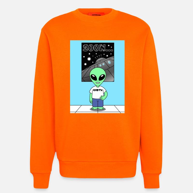 Alien devant le vaisseau spatial Terre - Sweat bio décontracté fabriqué en UE - SUNSET ORANGE