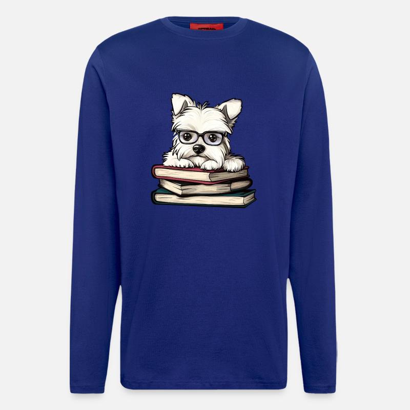 Süßes Westie-Hundelesebuch mit Brille - Langarmshirt - made by SPREAD  - Iconic Blue