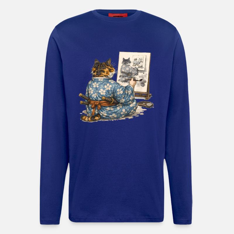 Samurai-Katzen-Malerei Sumi-e Ukiyo-e Kunst - Langarmshirt - made by SPREAD  - Iconic Blue