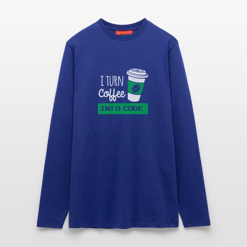 I turn coffee into code developer Manches longues bio décontracté fabriqué en UE