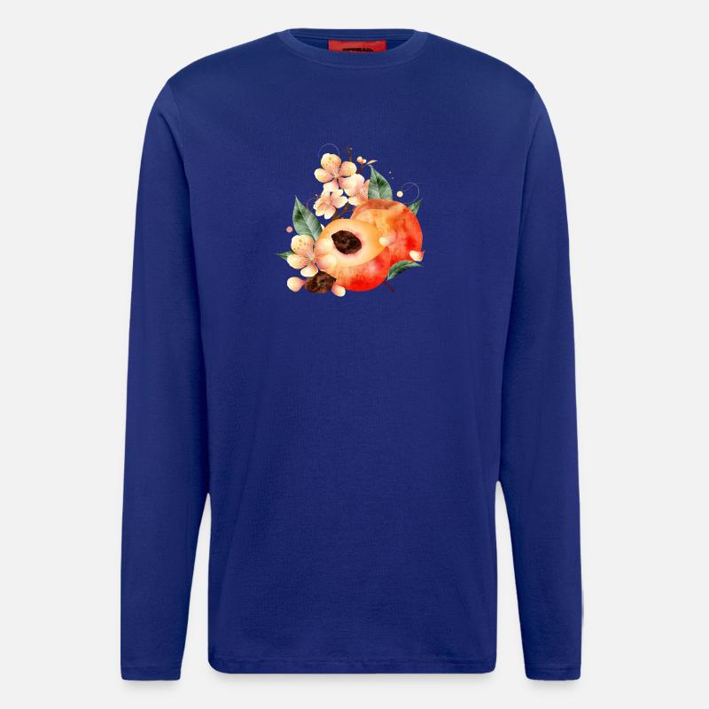 Pfirsichhälfte,Pfirsiche,Blätter & Pfirsichblüten - Langarmshirt - made by SPREAD  - Iconic Blue