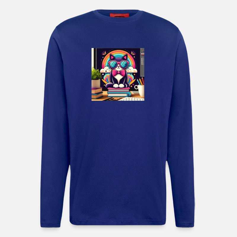 Chat studieux à lunettes - Manches longues bio décontracté fabriqué en UE - Iconic Blue