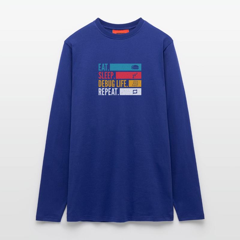 Eat Sleep Debug Repeat Developer Chemise Manches longues bio décontracté fabriqué en UE