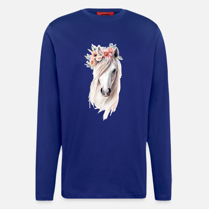 Cheval avec des fleurs - Manches longues bio décontracté fabriqué en UE - Iconic Blue