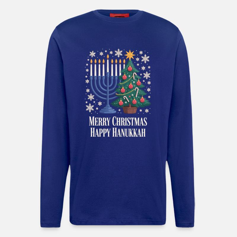 Joyeux Noël Joyeux Hanoukka Chemise - Manches longues bio décontracté fabriqué en UE - Iconic Blue