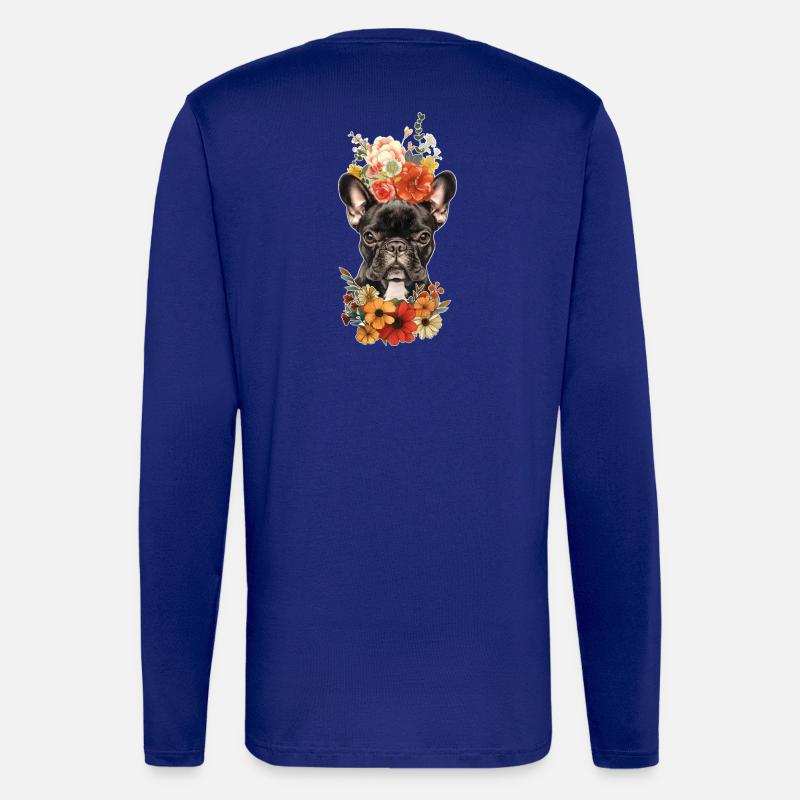 Bouledogue français avec des fleurs - Manches longues bio décontracté fabriqué en UE - Iconic Blue