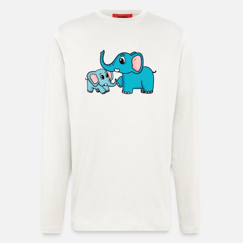 Eléphant avec bébé éléphant - Manches longues bio décontracté fabriqué en UE - OFF WHITE