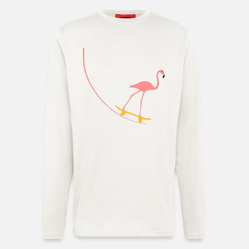 Flamingo sur planche à roulettes - Manches longues bio décontracté fabriqué en UE - OFF WHITE