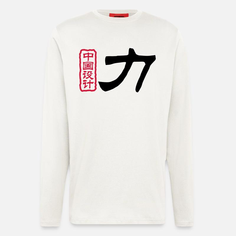 Mots chinois: la force - Manches longues bio décontracté fabriqué en UE - OFF WHITE