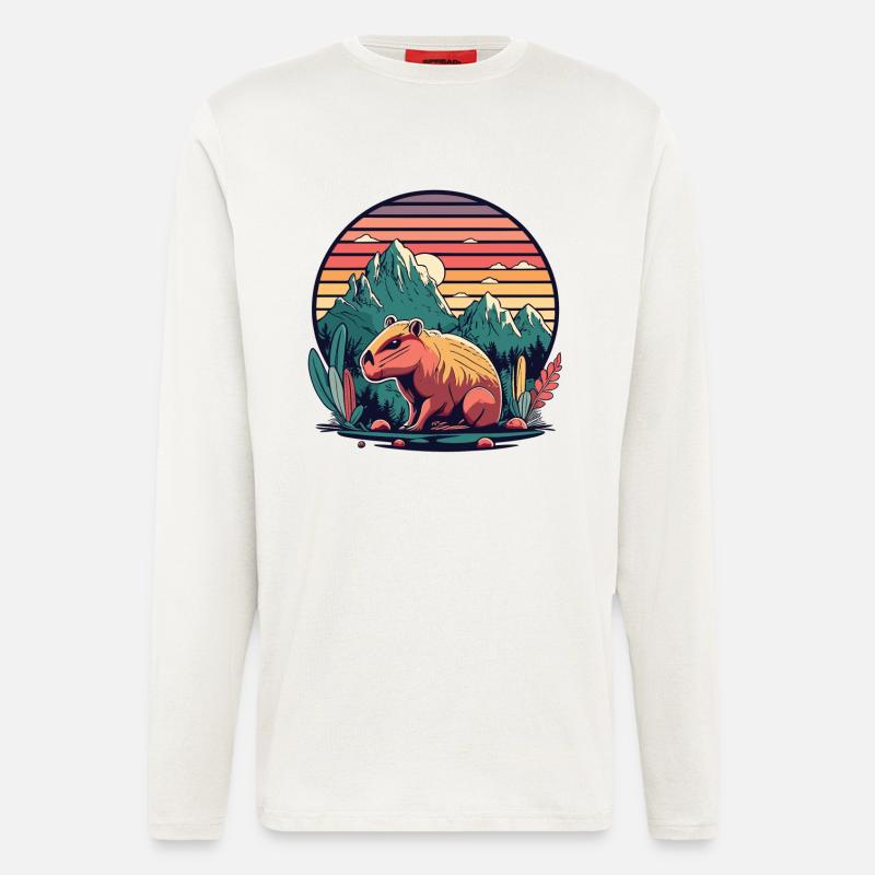Capybara avec Retro Sunset - Manches longues bio décontracté fabriqué en UE - OFF WHITE