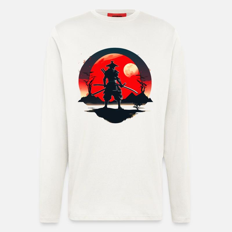 Samurai-Silhouette mit rotem Mondhintergrund - Langarmshirt - made by SPREAD  - OFF WHITE
