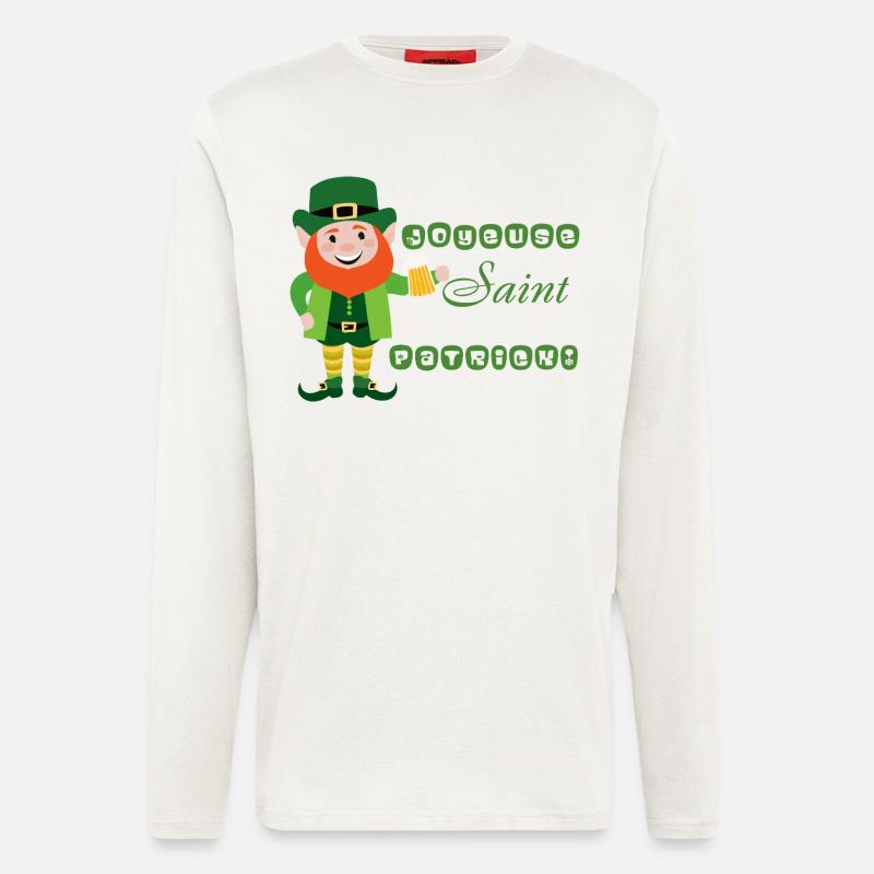 Joyeuse Saint Patrick - Leprechaun Souriant - Manches longues bio décontracté fabriqué en UE - OFF WHITE