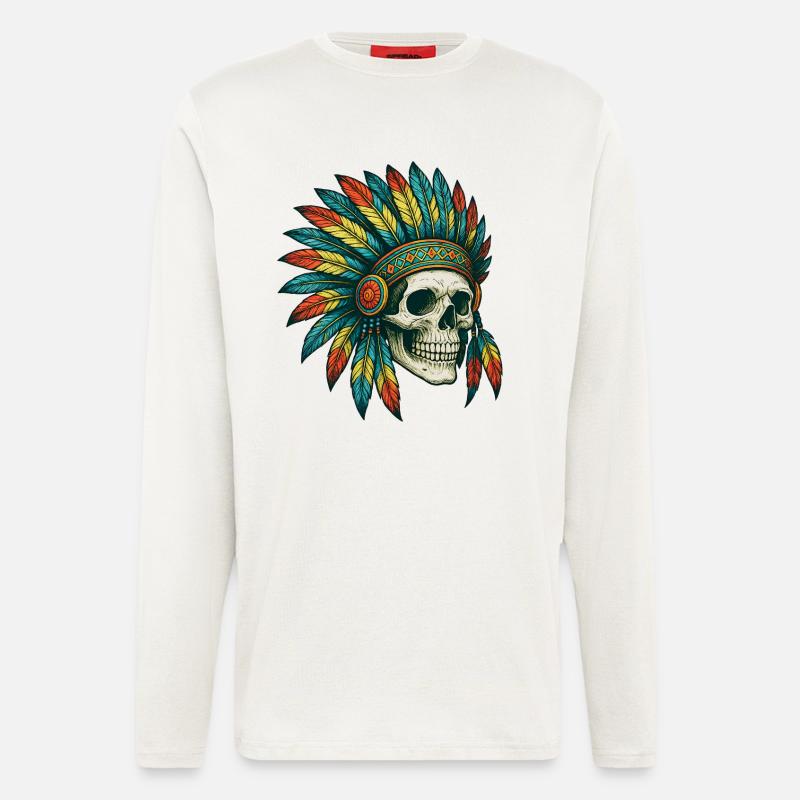 Illustration de crâne tribal indigène - Manches longues bio décontracté fabriqué en UE - OFF WHITE