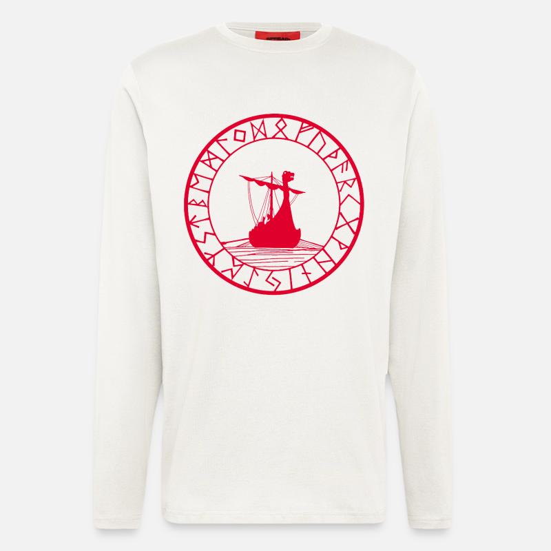 Rotes Wikinger-Langschiff und Kompass - Langarmshirt - made by SPREAD  - OFF WHITE