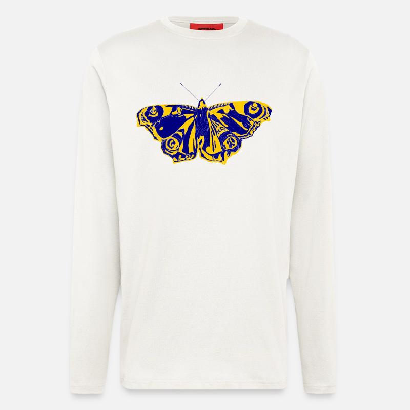 Blaugelber Schmetterling – Symbol der Leichtigkeit - Langarmshirt - made by SPREAD  - OFF WHITE