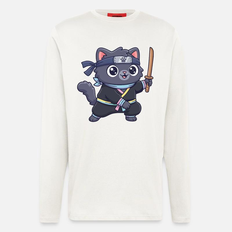 Ninja-Katze im Samurai-Outfit - Langarmshirt - made by SPREAD  - OFF WHITE