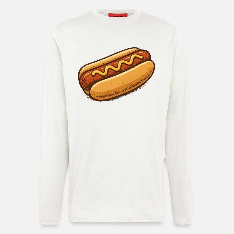 Illustration de dessins animés de hot-dog - Manches longues bio décontracté fabriqué en UE - OFF WHITE