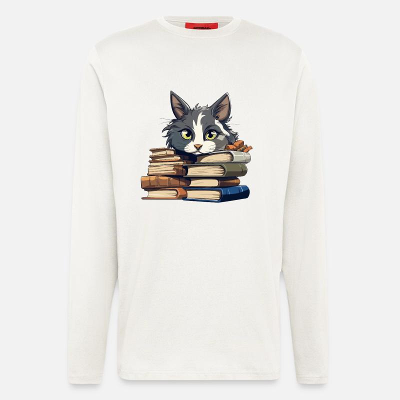 Book Stack Cat Bibliophile - Longsleeve - made by SPREAD  - OFF WHITE