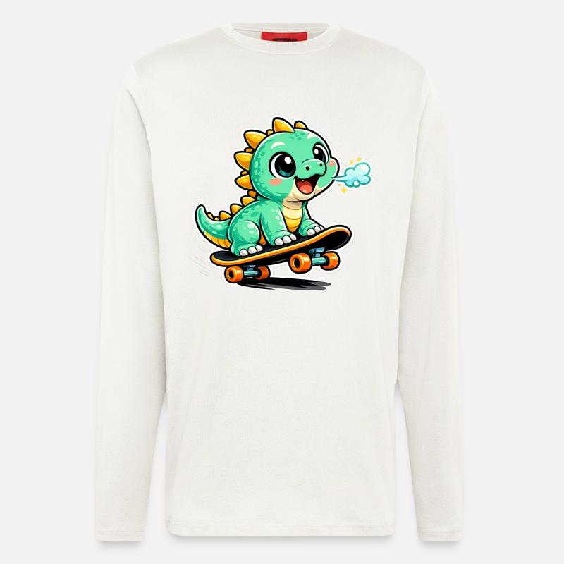 Héros du skateboard Dino vert - Manches longues bio décontracté fabriqué en UE - OFF WHITE