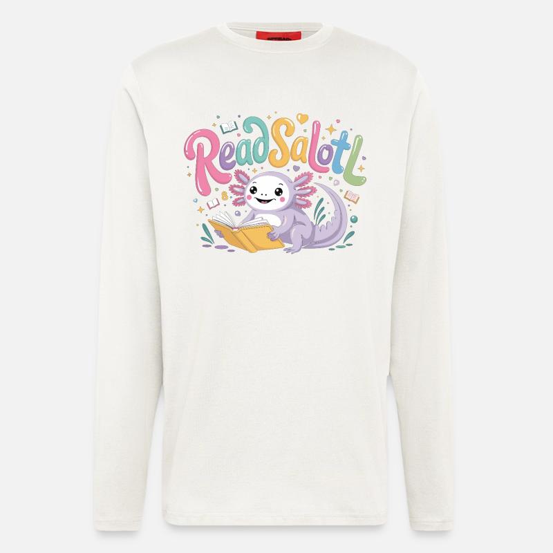 Axolotl Reader T-Shirt ReadSalotl Book - Manches longues bio décontracté fabriqué en UE - OFF WHITE