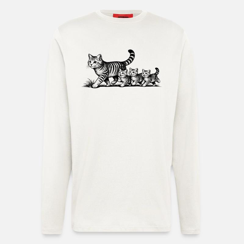 Mère chatte avec 3 chatons noirs - Manches longues bio décontracté fabriqué en UE - OFF WHITE