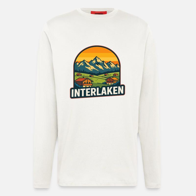 Interlaken Schweiz Retro Sonnenuntergangs-Bergkunst - Langarmshirt - made by SPREAD  - OFF WHITE