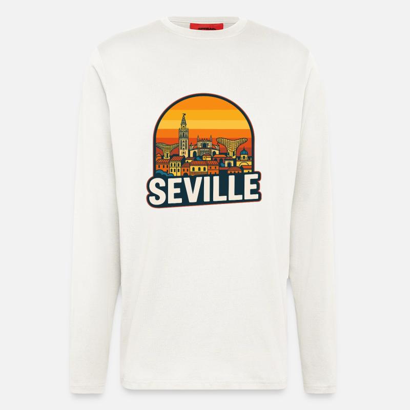 Sevilla, Spanien Retro-Sonnenuntergangs-Skyline-Design - Langarmshirt - made by SPREAD  - OFF WHITE