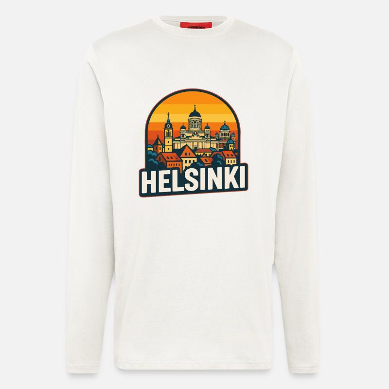 Helsinki, Finnland Retro Sonnenuntergangs-Skyline-Kunst - Langarmshirt - made by SPREAD  - OFF WHITE