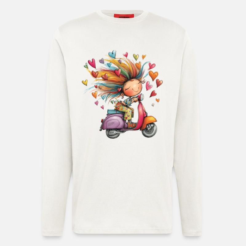 Rollerliebe - Mädchen auf Roller – bunter Sommer - Langarmshirt - made by SPREAD - OFF WHITE