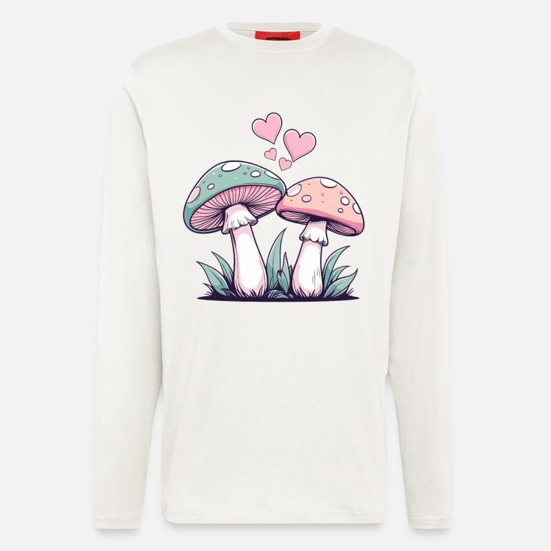 Champignons - Couple Coeurs - Manches longues bio décontracté fabriqué en UE - OFF WHITE