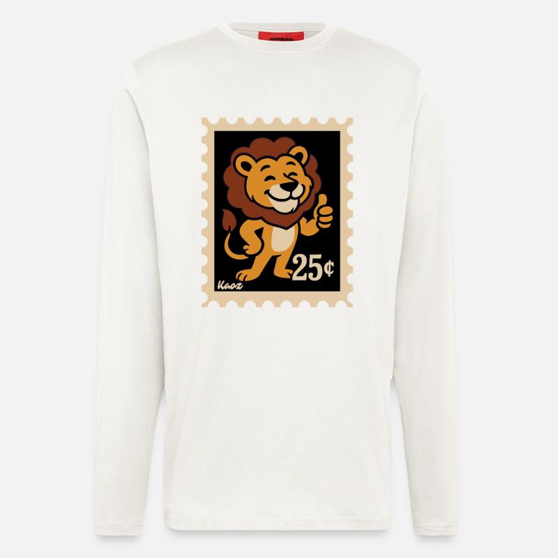 Lion amical sur un timbre-poste - Manches longues bio décontracté fabriqué en UE - OFF WHITE